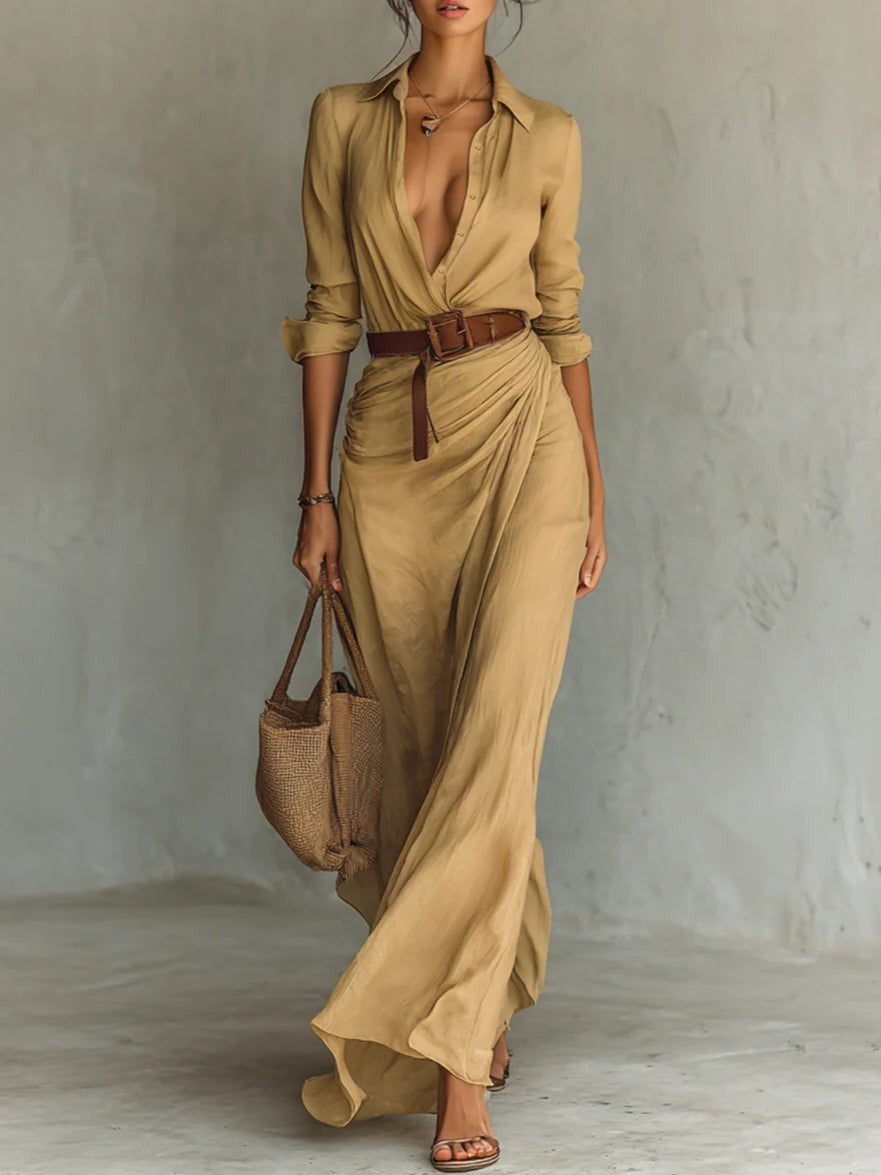 Liora- Elegant Belted Maxi Dress with Lapel Detail