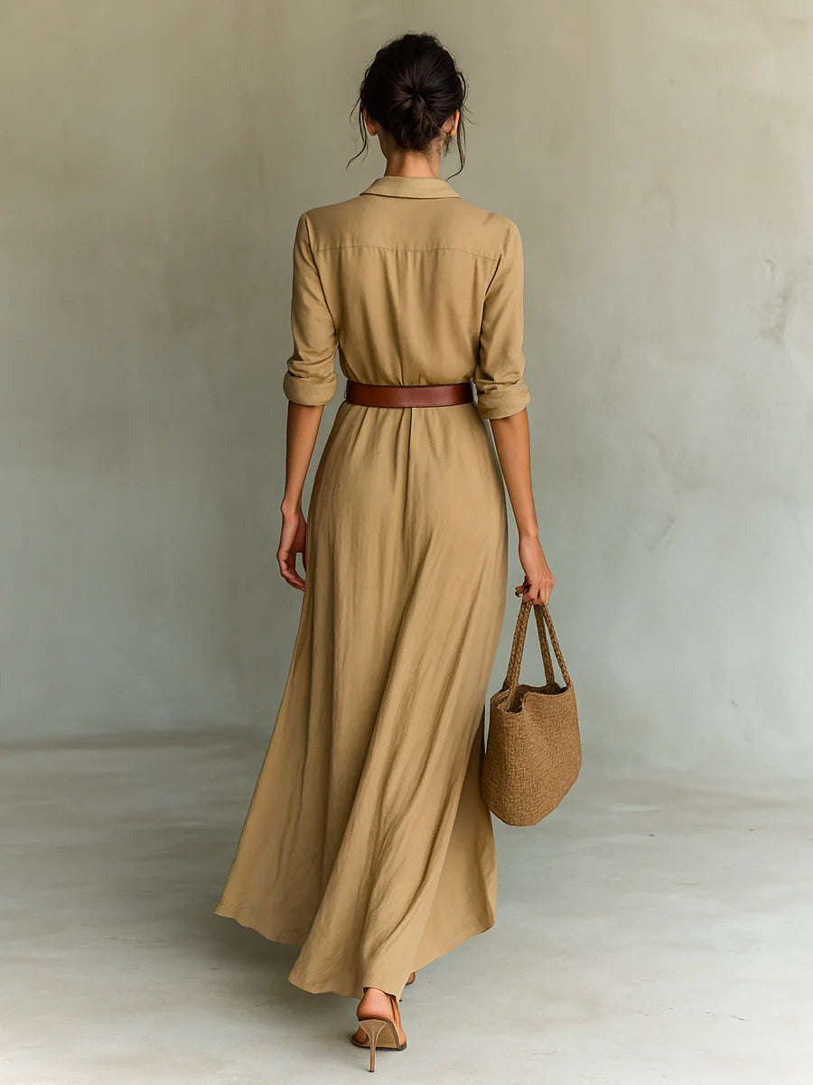 Liora- Elegant Belted Maxi Dress with Lapel Detail