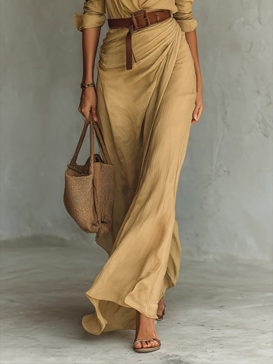 Liora- Elegant Belted Maxi Dress with Lapel Detail