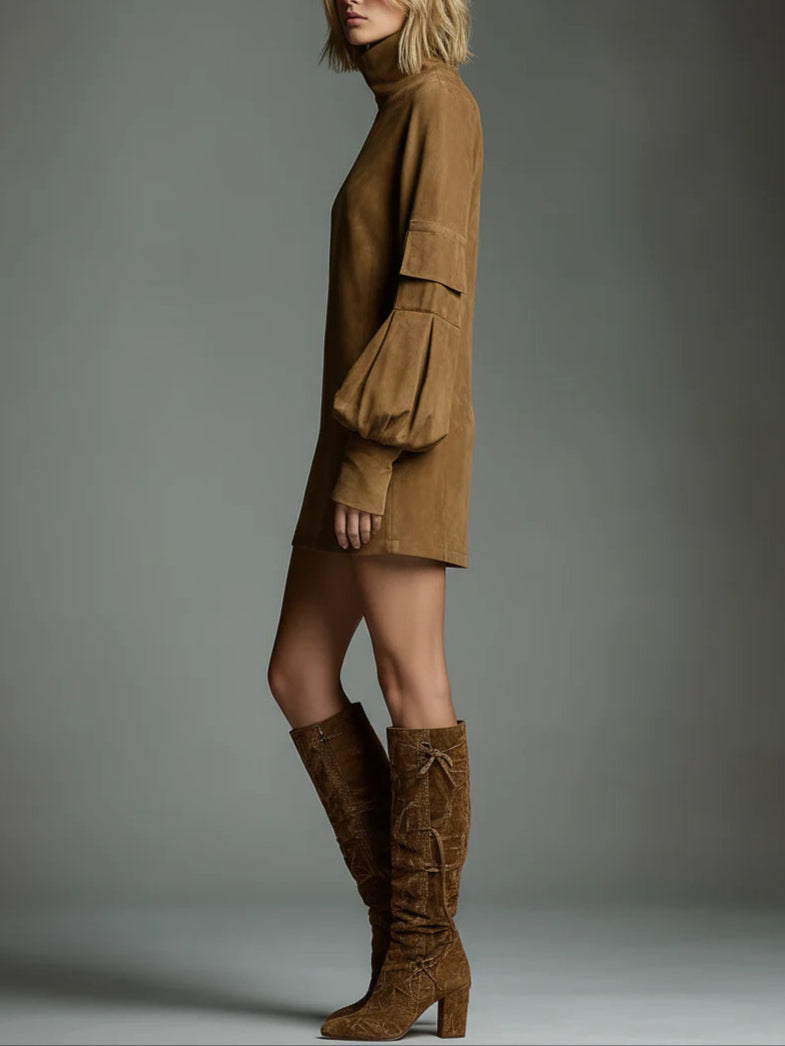 Verónica | Loose-Fit Suede Turtleneck Mini Dress
