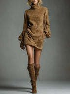 Verónica | Loose-Fit Suede Turtleneck Mini Dress